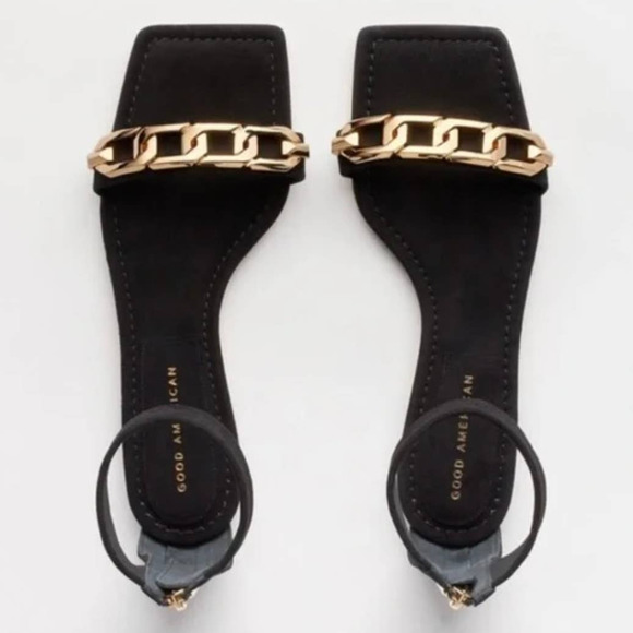 Good American Shoes - Good American Suede Chain Ankle Strap Flat Sandals In Black Size 9.5 New